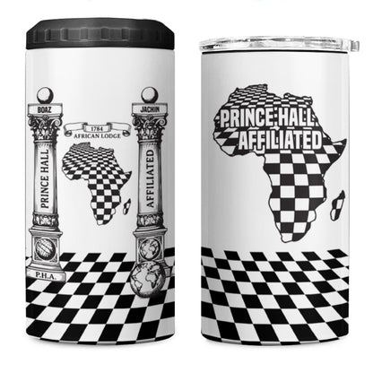 Prince Hall Affiliated Freemasonry 4 in 1 Can Cooler Tumbler Classic Masonic Pillars Boaz Jachin Checkerboard Africa Map