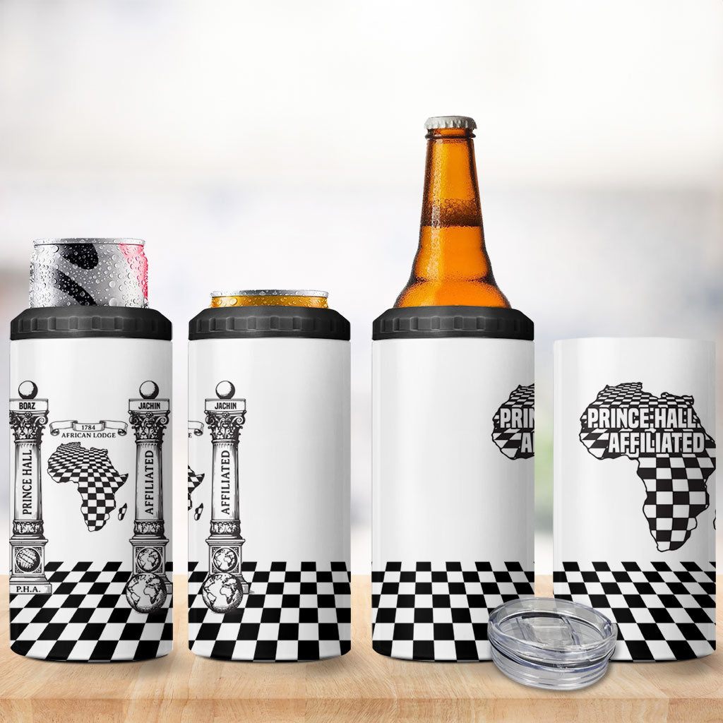 Prince Hall Affiliated Freemasonry 4 in 1 Can Cooler Tumbler Classic Masonic Pillars Boaz Jachin Checkerboard Africa Map