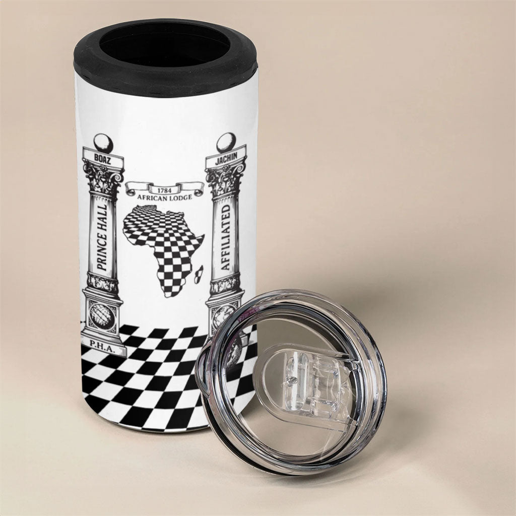 Prince Hall Affiliated Freemasonry 4 in 1 Can Cooler Tumbler Classic Masonic Pillars Boaz Jachin Checkerboard Africa Map