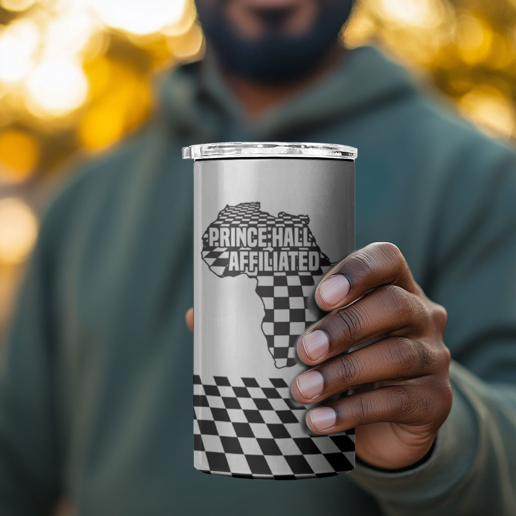 Prince Hall Affiliated Freemasonry 4 in 1 Can Cooler Tumbler Classic Masonic Pillars Boaz Jachin Checkerboard Africa Map