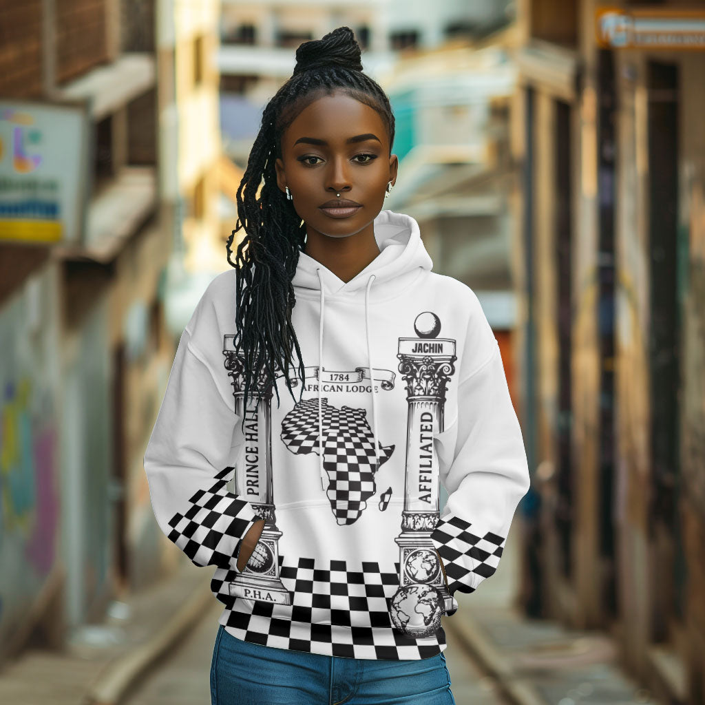 Prince Hall Affiliated Freemasonry Hoodie Classic Masonic Pillars Boaz Jachin Checkerboard Africa Map