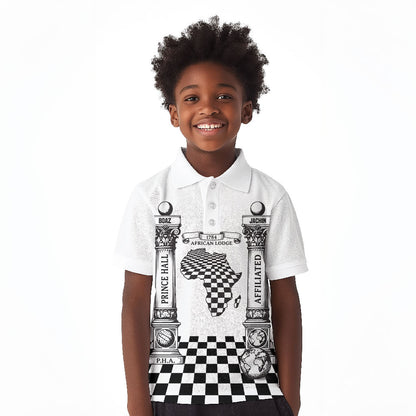 Prince Hall Affiliated Freemasonry Kid Polo Shirt Classic Masonic Pillars Boaz Jachin Checkerboard Africa Map