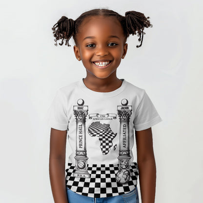 Prince Hall Affiliated Freemasonry Kid T shirt Classic Masonic Pillars Boaz Jachin Checkerboard Africa Map