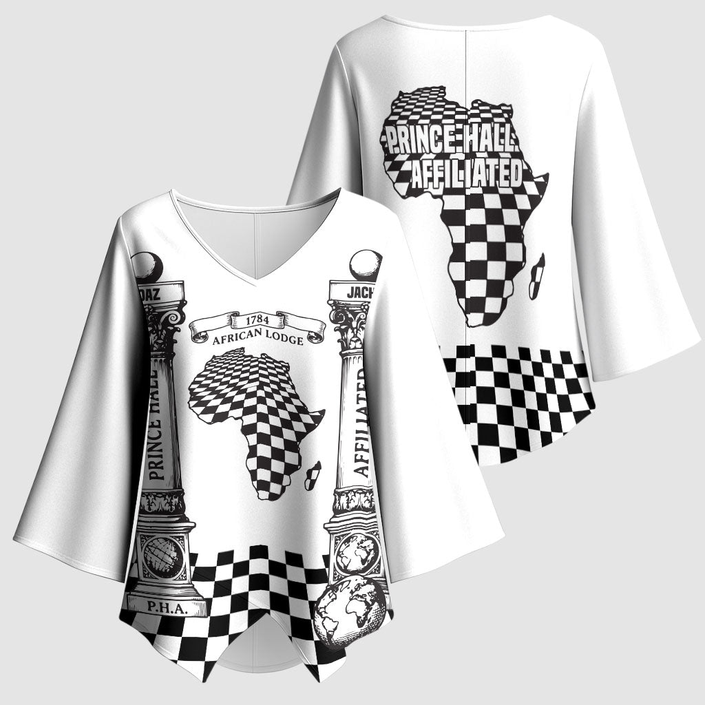 Prince Hall Affiliated Freemasonry Kimono Sleeve Blouse Classic Masonic Pillars Boaz Jachin Checkerboard Africa Map