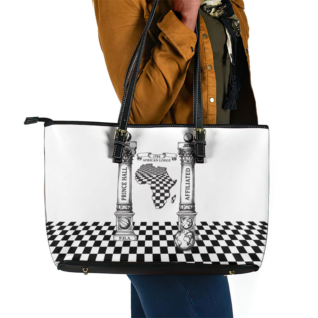 Prince Hall Affiliated Freemasonry Leather Tote Bag Classic Masonic Pillars Boaz Jachin Checkerboard Africa Map