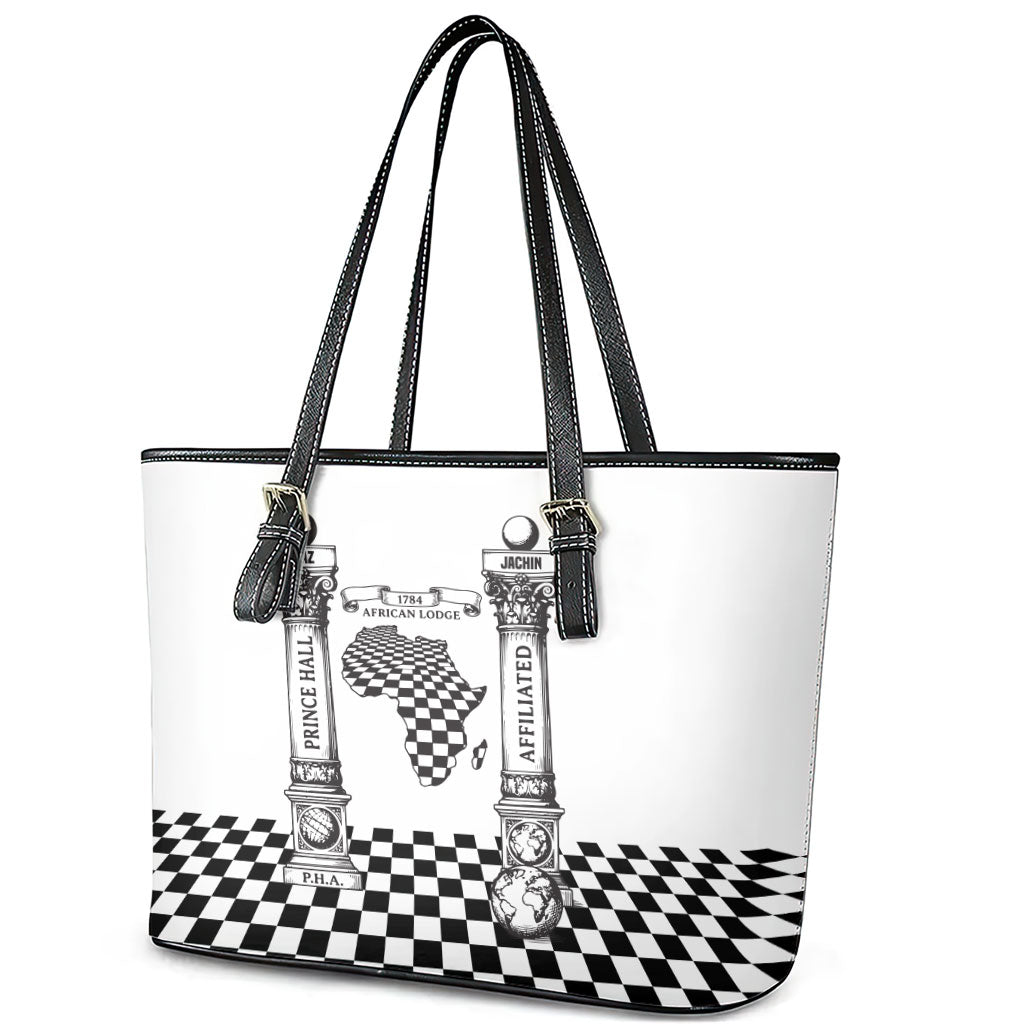 Prince Hall Affiliated Freemasonry Leather Tote Bag Classic Masonic Pillars Boaz Jachin Checkerboard Africa Map