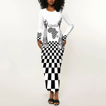 Prince Hall Affiliated Freemasonry Long Sleeve Bodycon Dress Classic Masonic Pillars Boaz Jachin Checkerboard Africa Map