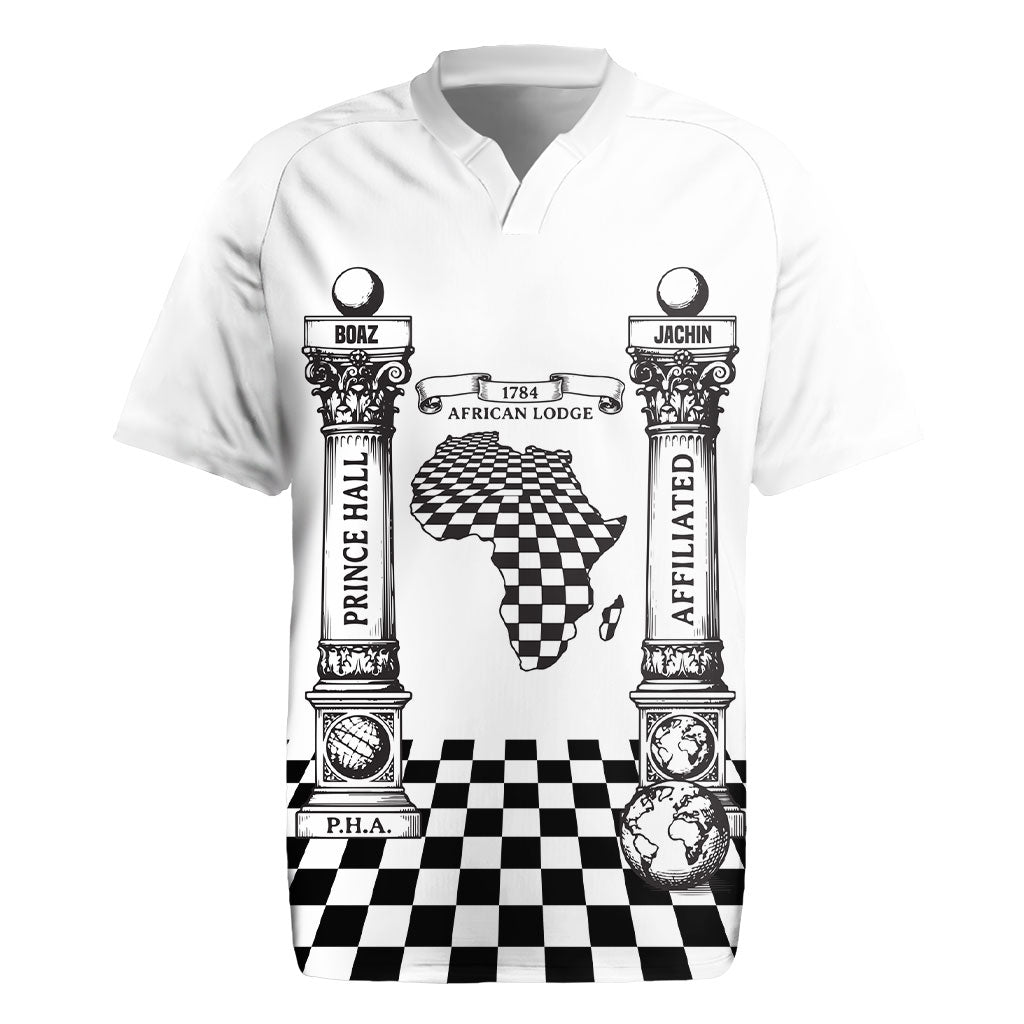 Prince Hall Affiliated Freemasonry Rugby Jersey Classic Masonic Pillars Boaz Jachin Checkerboard Africa Map