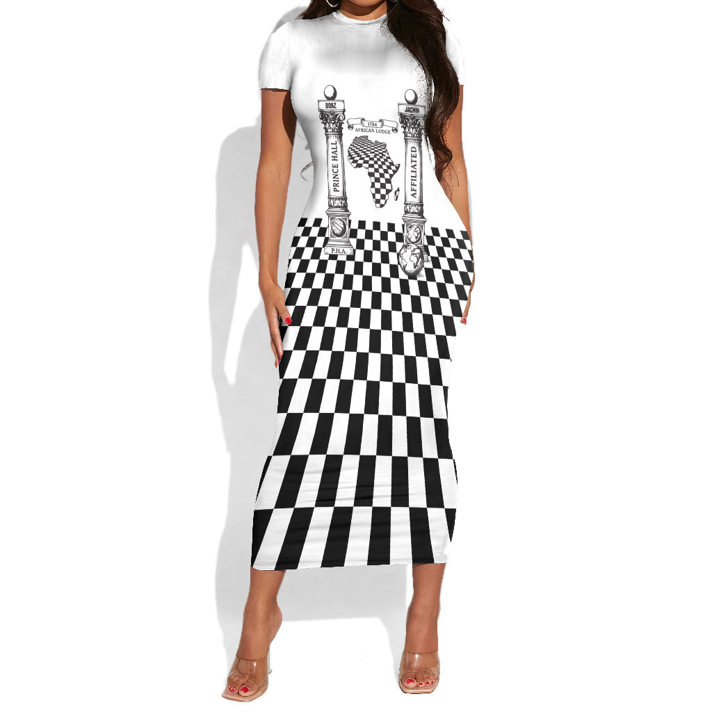 Prince Hall Affiliated Freemasonry Short Sleeve Bodycon Dress Classic Masonic Pillars Boaz Jachin Checkerboard Africa Map