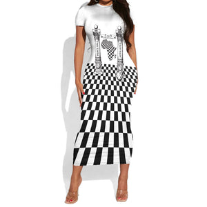 Prince Hall Affiliated Freemasonry Short Sleeve Bodycon Dress Classic Masonic Pillars Boaz Jachin Checkerboard Africa Map