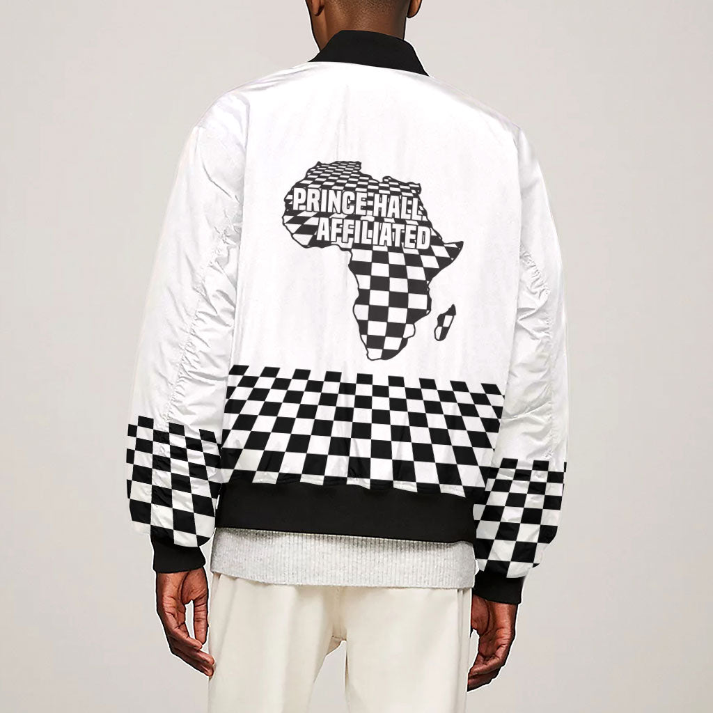 Prince Hall Affiliated Freemasonry Sleeve Zip Bomber Jacket Classic Masonic Pillars Boaz Jachin Checkerboard Africa Map