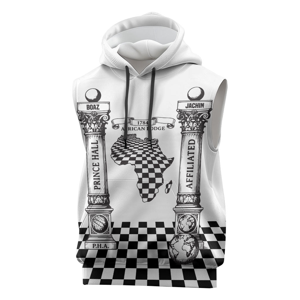 Prince Hall Affiliated Freemasonry Sleeveless Hoodie Classic Masonic Pillars Boaz Jachin Checkerboard Africa Map