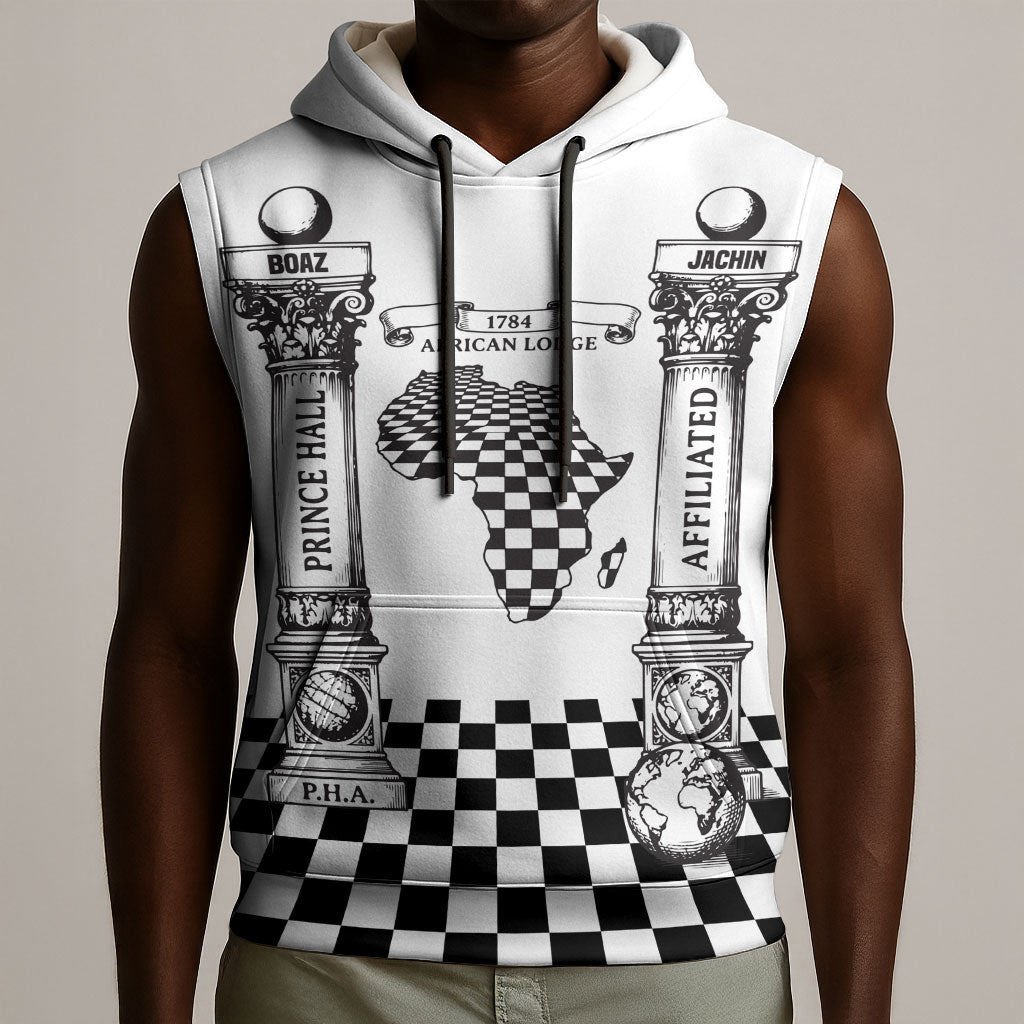 Prince Hall Affiliated Freemasonry Sleeveless Hoodie Classic Masonic Pillars Boaz Jachin Checkerboard Africa Map