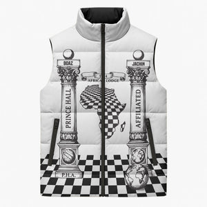 Prince Hall Affiliated Freemasonry Sleeveless Puffer Jacket Classic Masonic Pillars Boaz Jachin Checkerboard Africa Map