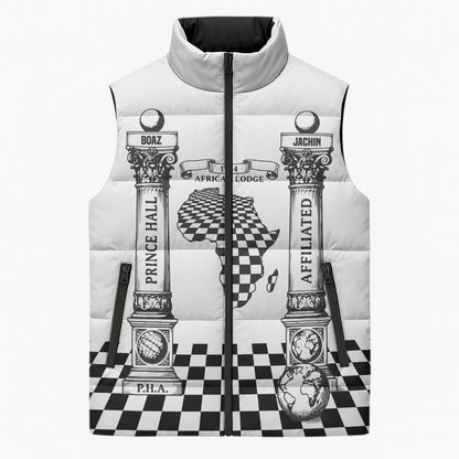 Prince Hall Affiliated Freemasonry Sleeveless Puffer Jacket Classic Masonic Pillars Boaz Jachin Checkerboard Africa Map