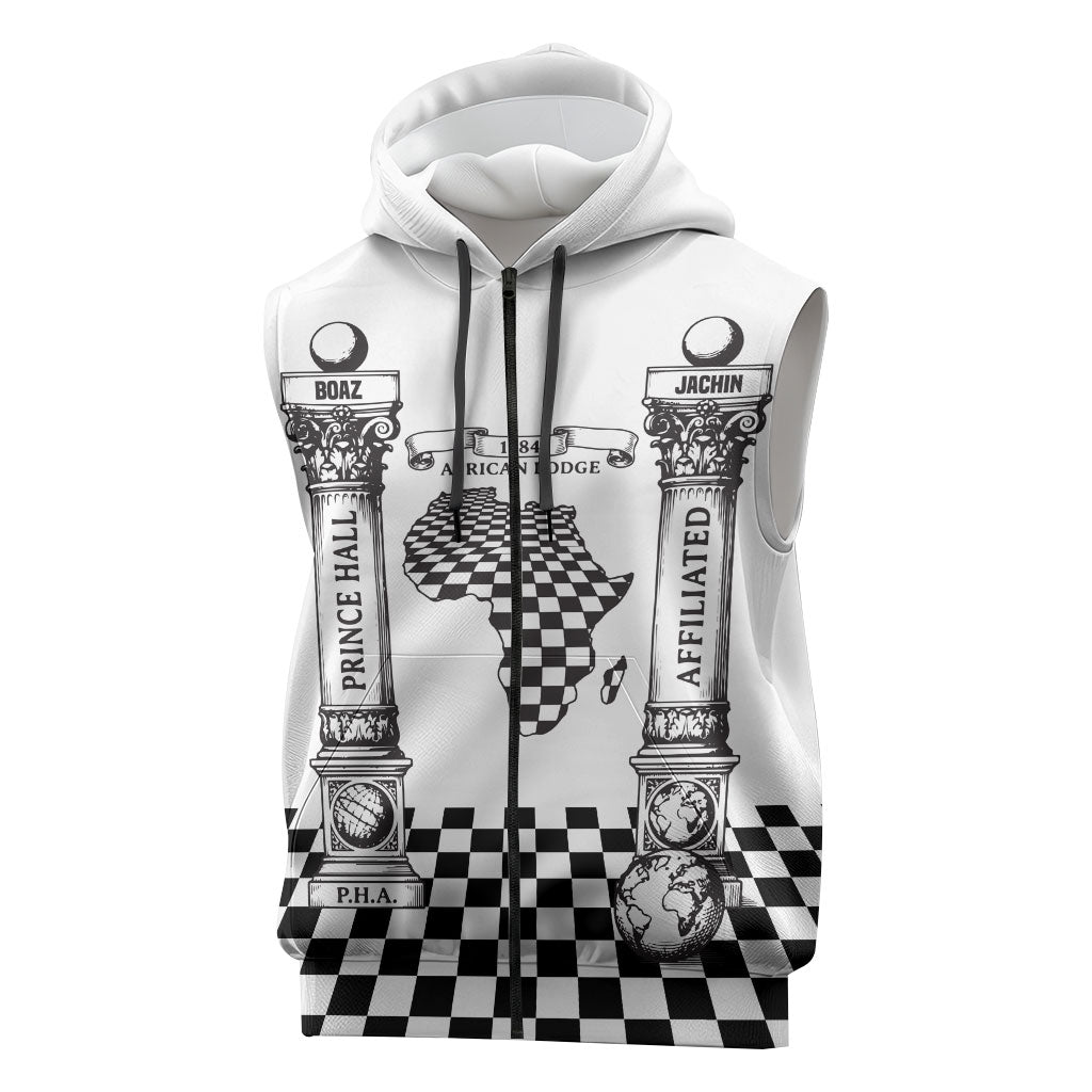 Prince Hall Affiliated Freemasonry Sleeveless Zip Hoodie Classic Masonic Pillars Boaz Jachin Checkerboard Africa Map