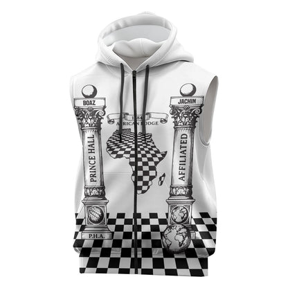 Prince Hall Affiliated Freemasonry Sleeveless Zip Hoodie Classic Masonic Pillars Boaz Jachin Checkerboard Africa Map