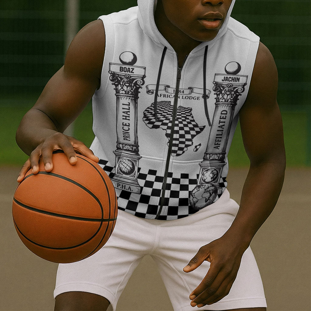 Prince Hall Affiliated Freemasonry Sleeveless Zip Hoodie Classic Masonic Pillars Boaz Jachin Checkerboard Africa Map