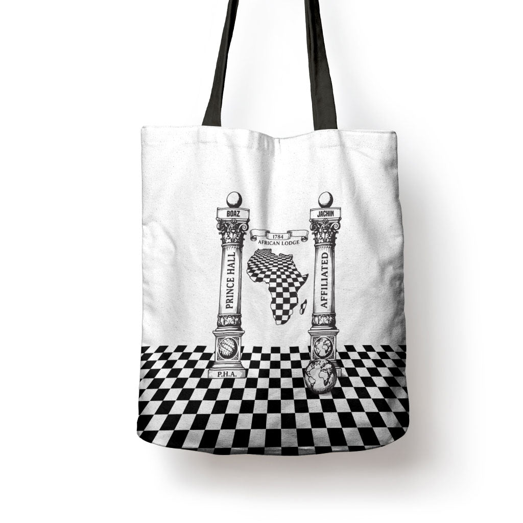 Prince Hall Affiliated Freemasonry Tote Bag Classic Masonic Pillars Boaz Jachin Checkerboard Africa Map