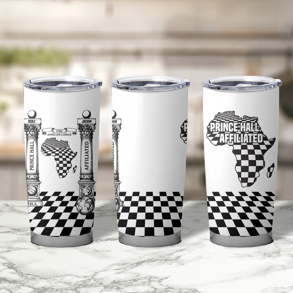 Prince Hall Affiliated Freemasonry Tumbler Cup Classic Masonic Pillars Boaz Jachin Checkerboard Africa Map