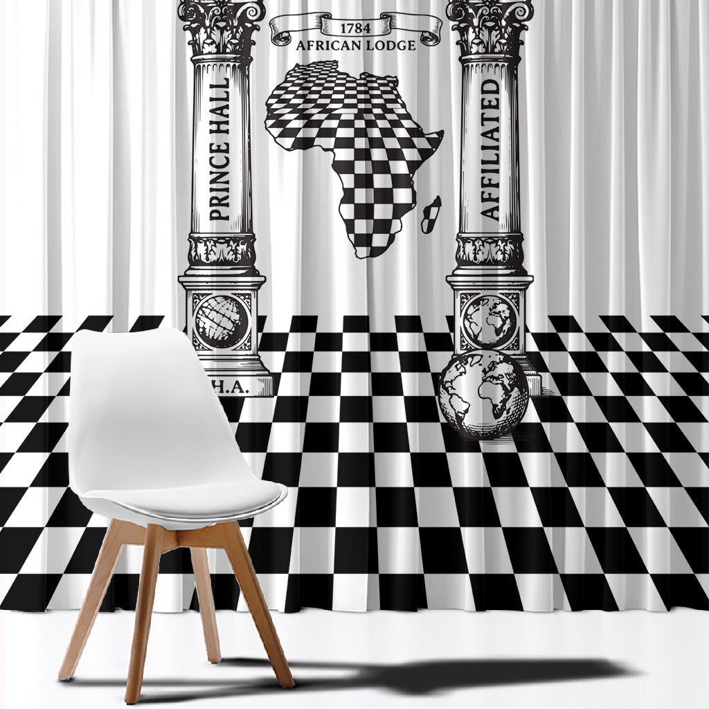 Prince Hall Affiliated Freemasonry Window Curtain Classic Masonic Pillars Boaz Jachin Checkerboard Africa Map