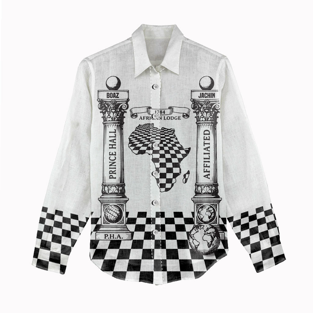 Prince Hall Affiliated Freemasonry Women Casual Shirt Classic Masonic Pillars Boaz Jachin Checkerboard Africa Map