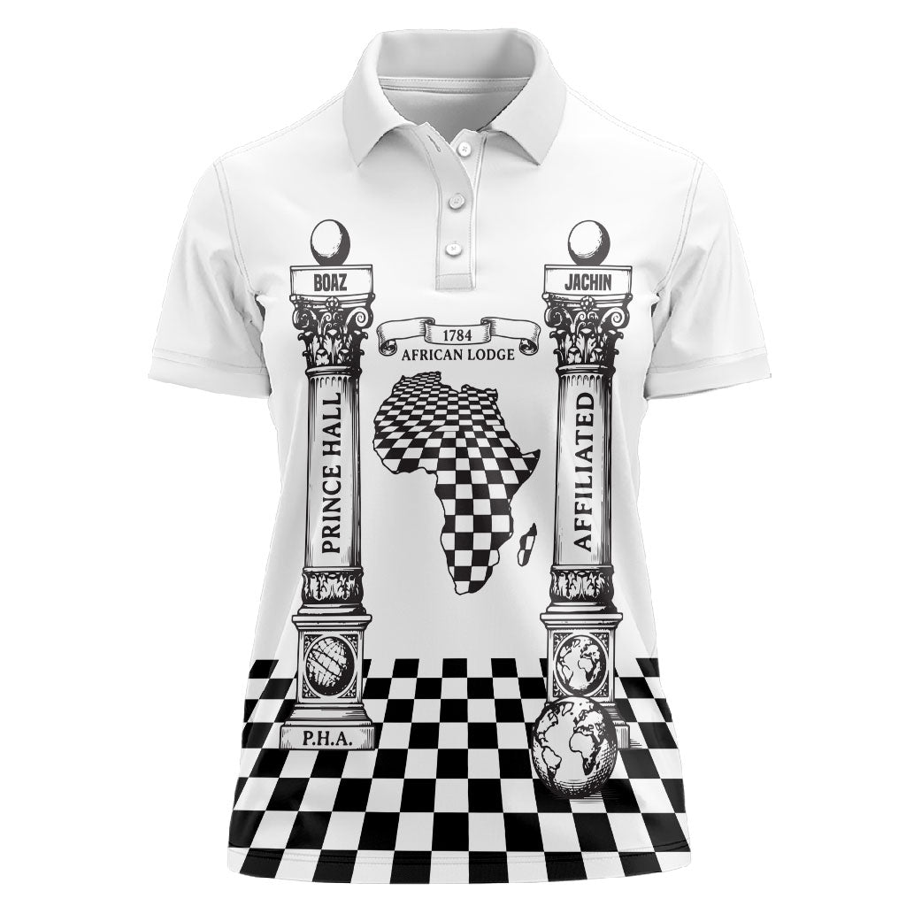 Prince Hall Affiliated Freemasonry Women Polo Shirt Classic Masonic Pillars Boaz Jachin Checkerboard Africa Map