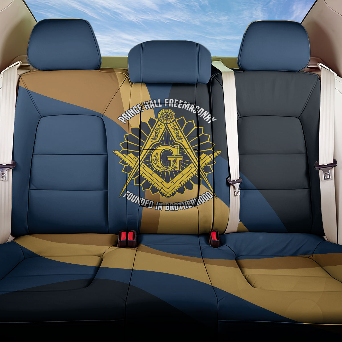 Prince Hall Freemasonry Back Car Seat Cover Square and Compasses Gold Blue Geometric