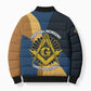 Prince Hall Freemasonry Bomber Puffer Jacket Square and Compasses Gold Blue Geometric