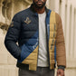 Prince Hall Freemasonry Bomber Puffer Jacket Square and Compasses Gold Blue Geometric