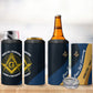 Prince Hall Freemasonry 4 in 1 Can Cooler Tumbler Square and Compasses Gold Blue Geometric