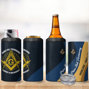 Prince Hall Freemasonry 4 in 1 Can Cooler Tumbler Square and Compasses Gold Blue Geometric
