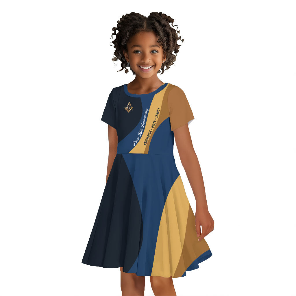 Prince Hall Freemasonry Kid Short Sleeve Dress Square and Compasses Gold Blue Geometric