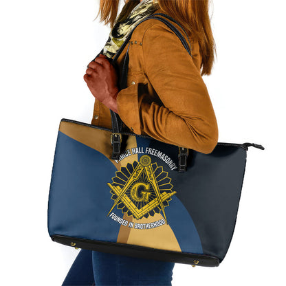 Prince Hall Freemasonry Leather Tote Bag Square and Compasses Gold Blue Geometric