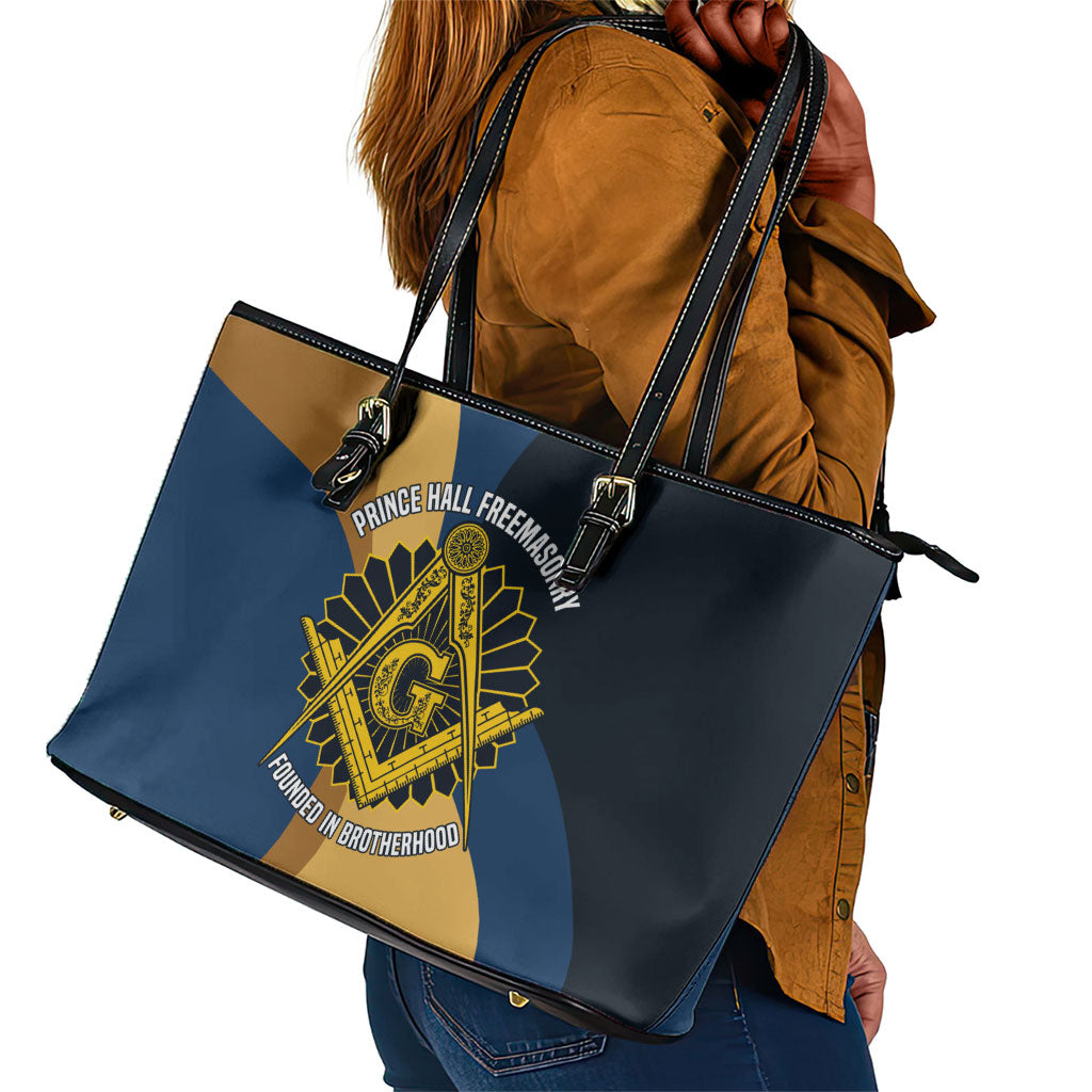 Prince Hall Freemasonry Leather Tote Bag Square and Compasses Gold Blue Geometric