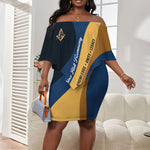Prince Hall Freemasonry Off Shoulder Short Dress Square and Compasses Gold Blue Geometric