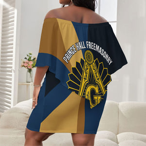 Prince Hall Freemasonry Off Shoulder Short Dress Square and Compasses Gold Blue Geometric