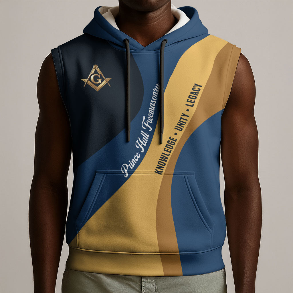 Prince Hall Freemasonry Sleeveless Hoodie Square and Compasses Gold Blue Geometric
