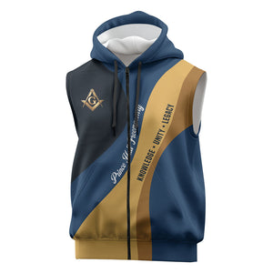 Prince Hall Freemasonry Sleeveless Zip Hoodie Square and Compasses Gold Blue Geometric