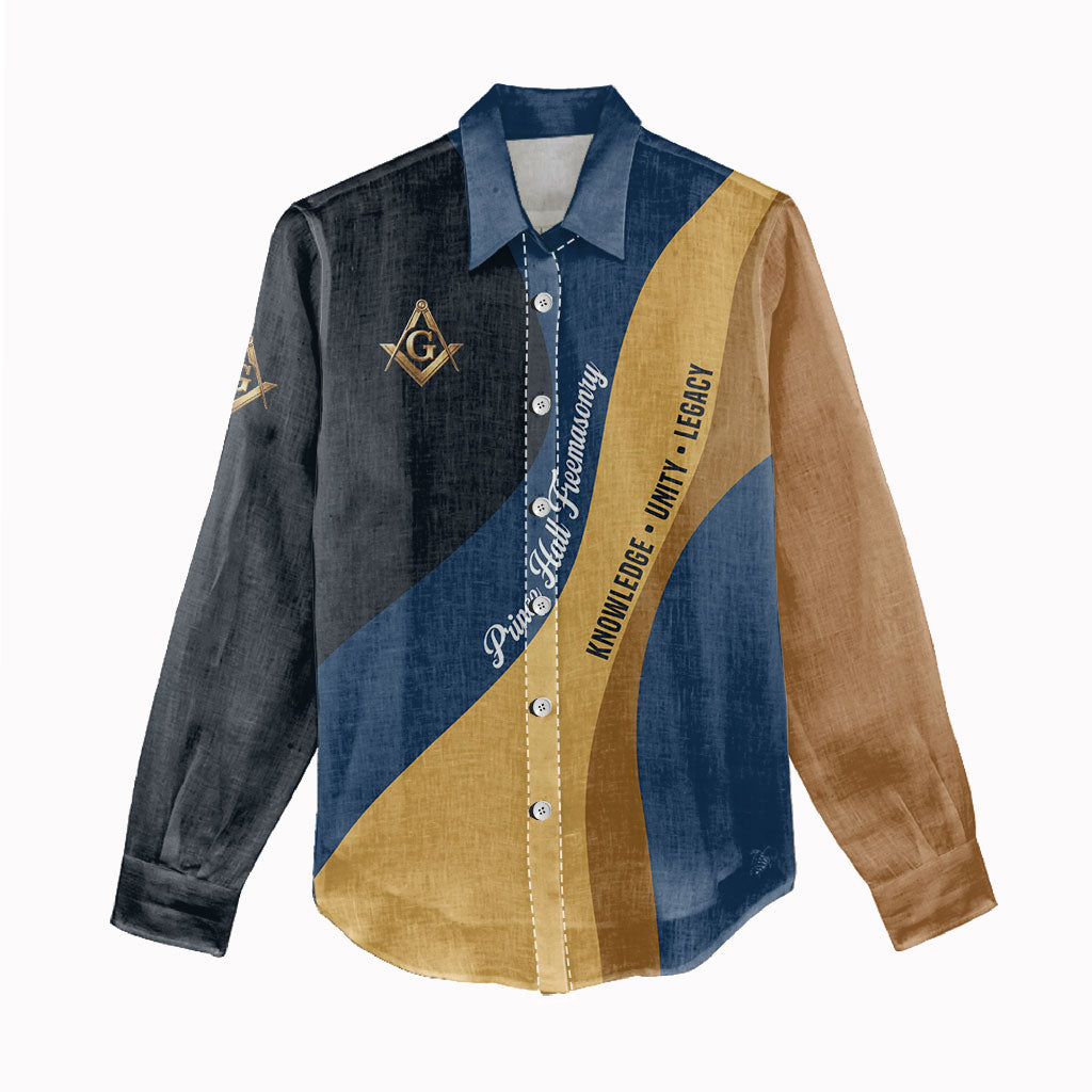 Prince Hall Freemasonry Women Casual Shirt Square and Compasses Gold Blue Geometric