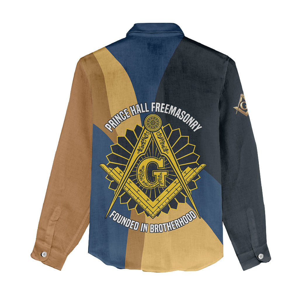 Prince Hall Freemasonry Women Casual Shirt Square and Compasses Gold Blue Geometric