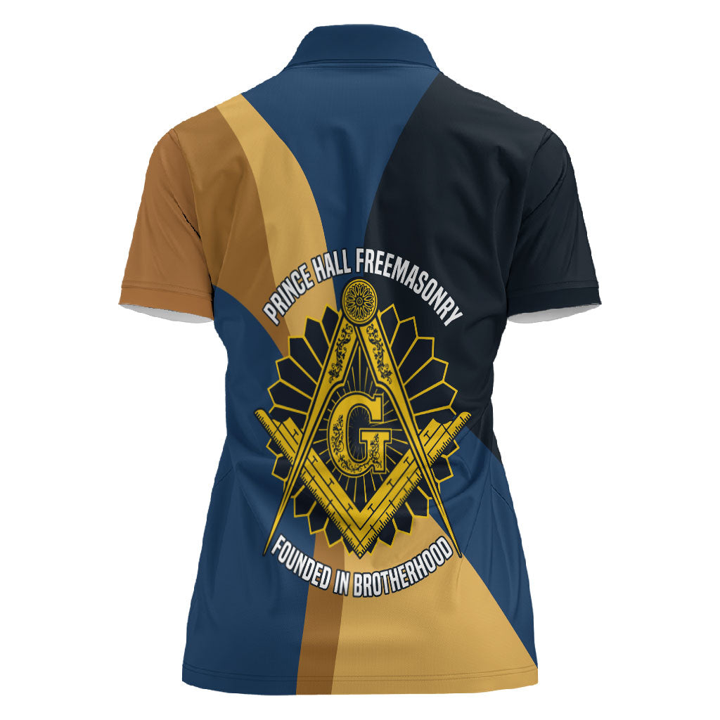 Prince Hall Freemasonry Women Polo Shirt Square and Compasses Gold Blue Geometric