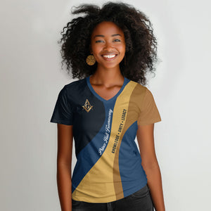 Prince Hall Freemasonry Women V-Neck T-Shirt Square and Compasses Gold Blue Geometric
