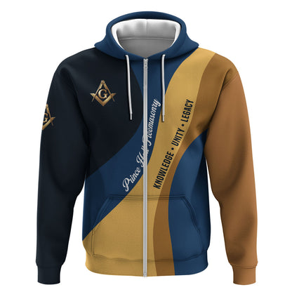 Prince Hall Freemasonry Zip Hoodie Square and Compasses Gold Blue Geometric