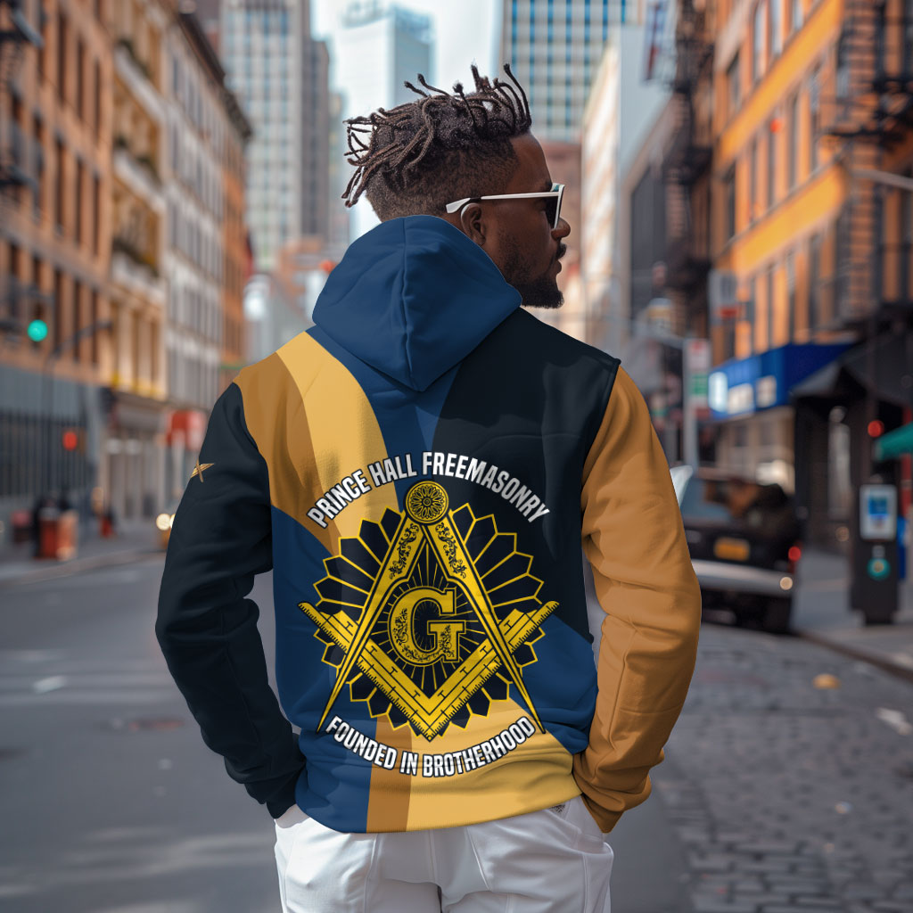 Prince Hall Freemasonry Zip Hoodie Square and Compasses Gold Blue Geometric