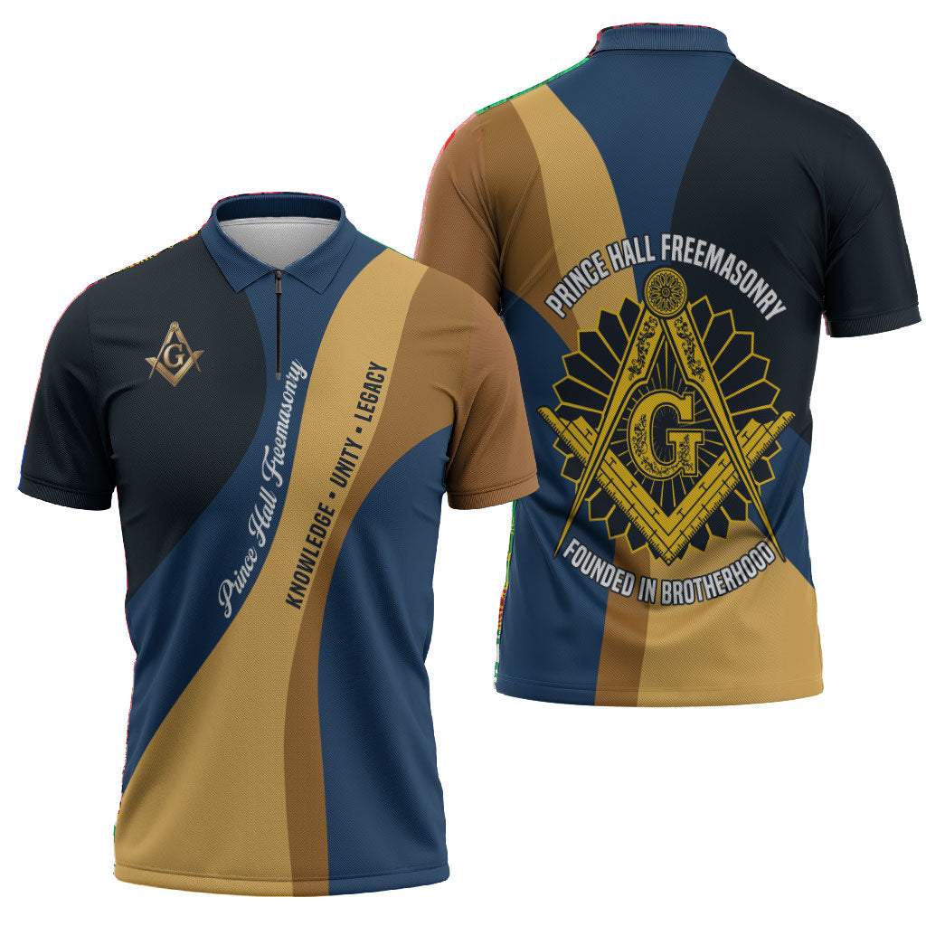 Prince Hall Freemasonry Zipper Polo Shirt Square and Compasses Gold Blue Geometric