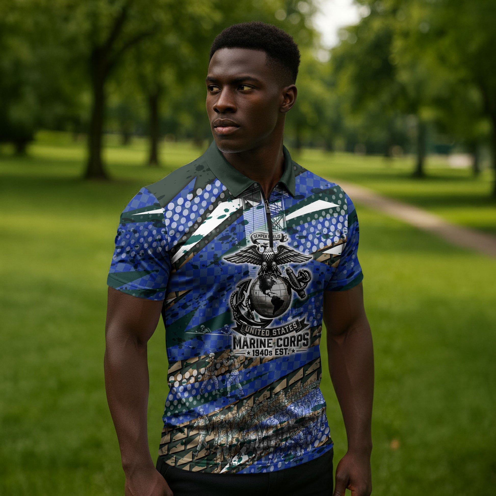 Montford Point Marines 1940s Est Zipper Polo Shirt The Right To Fight 20000 Military Camouflage Art