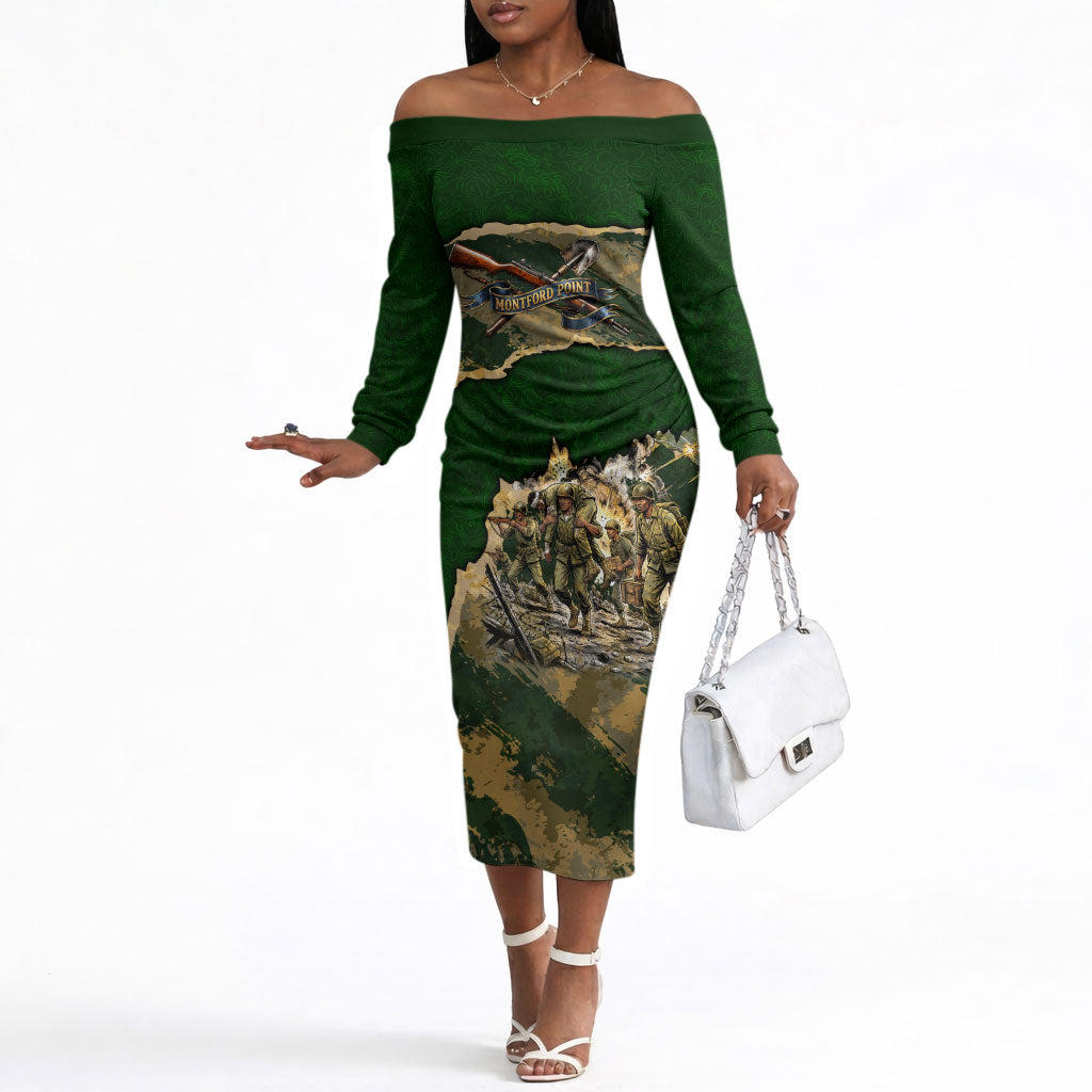 Montford Point Marines Not Above You Off The Shoulder Long Sleeve Dress Iwo Jima Military Map Camouflage Vintage Art