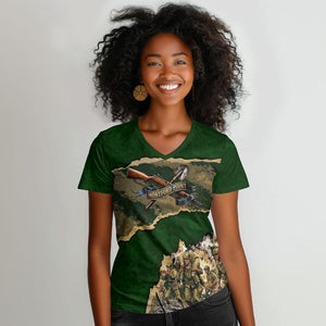 Montford Point Marines Not Above You Women V-Neck T-Shirt Iwo Jima Military Map Camouflage Vintage Art