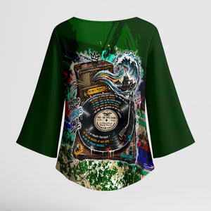 Montford Point Marines 1942 The First 20000 Kimono Sleeve Blouse Vintage Vinyl Record Camouflage Graffiti Art